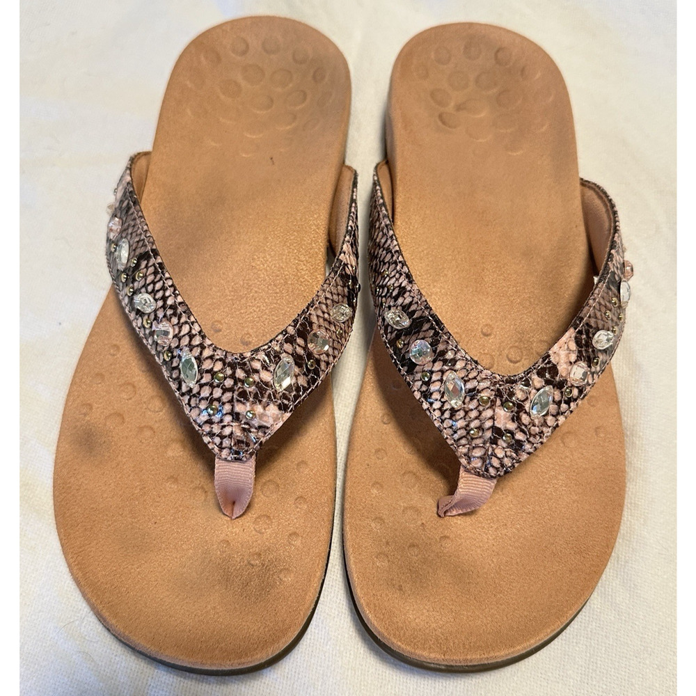 Vionic‎ Lucia Snake Print Rhinestone Orthotic Thong Sandals Womens 8 Pink Brown